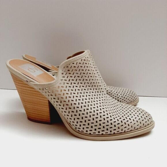 DV by Dolce Vita \ Slip-On Laser Cut-Out Mules Chunky High Heel Shoes Cream 7.5 - Picture 2 of 16
